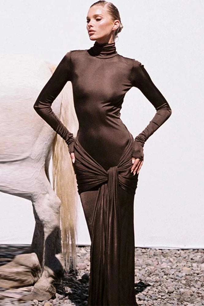 Glorol - Elegant Turtleneck Long Sleeve Bodycon Maxi Dress