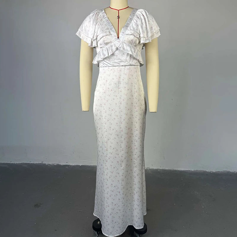 Glorol - Printed V-Neck Sleeveless High Waisted Maxi Dress