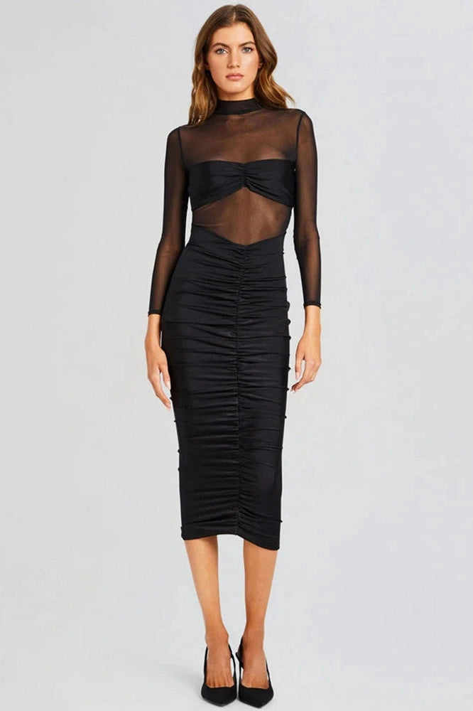 Glorol - Long Sleeve See Through Backless Bodycon Maxi Dress