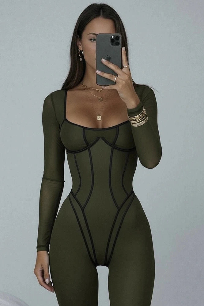 Glorol - Backless Long Sleeve Square Collar Jumpsuit