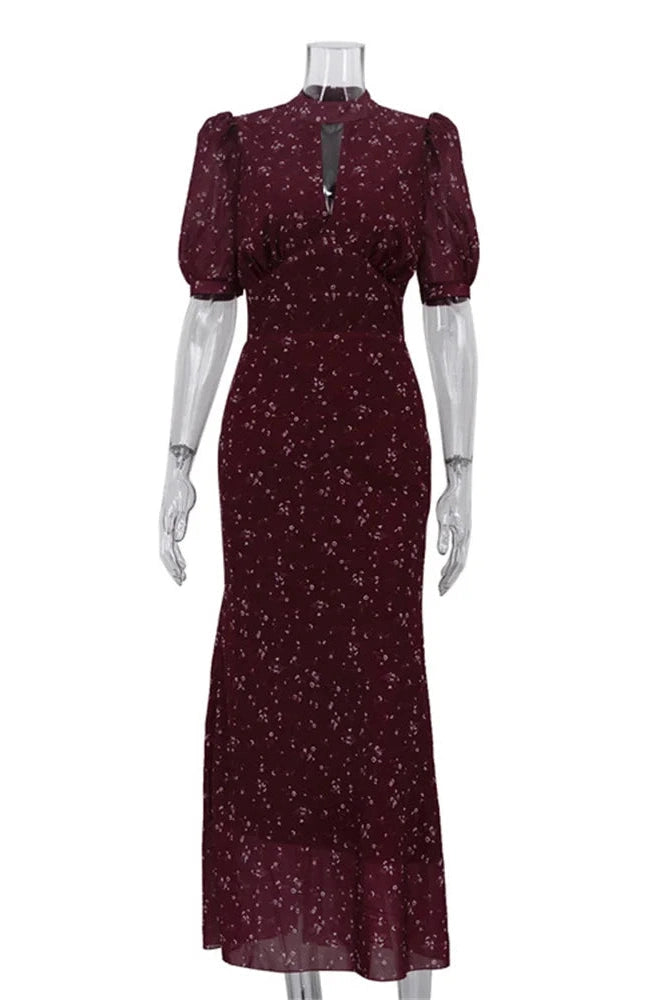 Glorol - Printed V-Neck Short Sleeve High Waist Maxi Dress