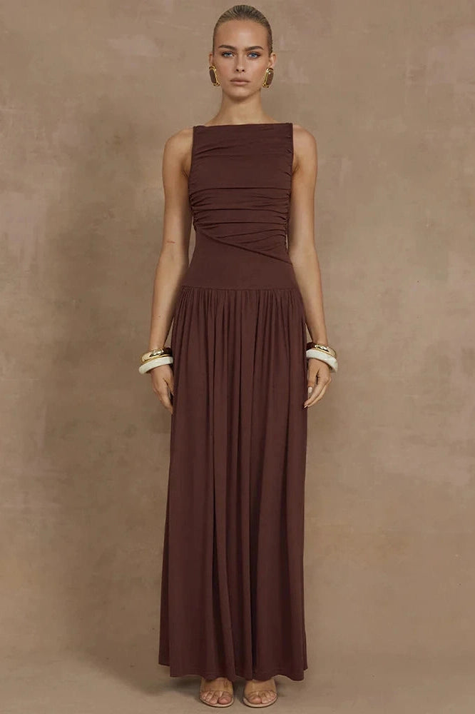 Glorol - Elegant Sleeveless Boat Neck Maxi Dress