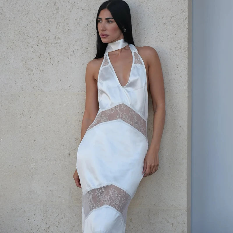 Glorol - Lace Deep V Neck Backless Slim Maxi Dress