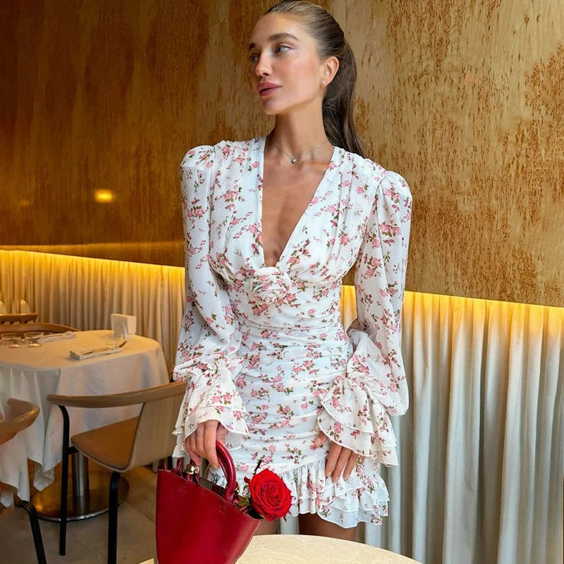 Glorol - Floral Print V-Neck Pleated Patchwork Mini Dress