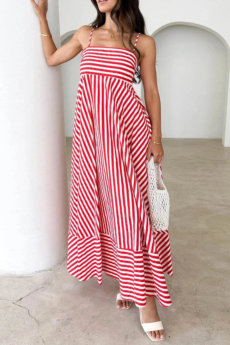 Glorol - Printed Spaghetti Strap Backless A-Line Maxi Dress