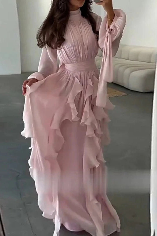 Glorol - Elegant Pleated High Collar Long Sleeve High Waist Maxi Dress