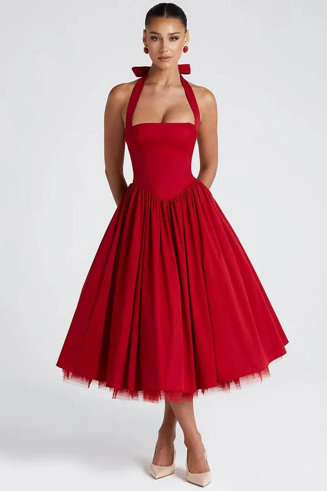 Glorol - Backless Square Collar Sleeveless High Waist A-Line Midi Dress
