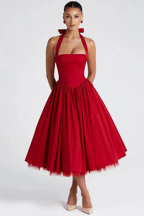 Glorol - Backless Square Collar Sleeveless High Waist A-Line Midi Dress