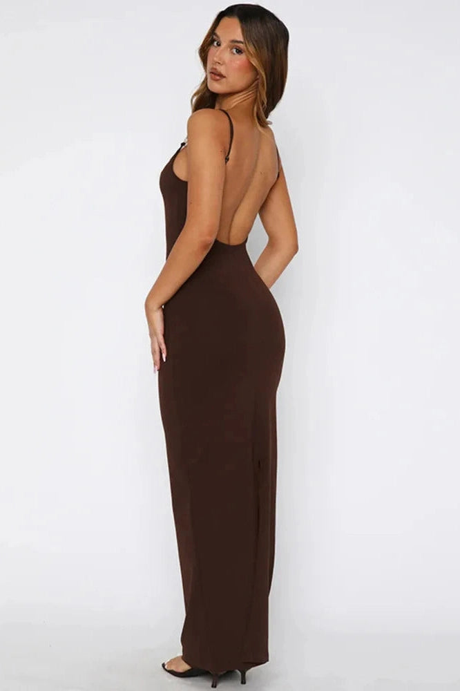 Glorol - Spaghetti Strap Backless Sleeveless Split Bodycon Maxi Dress