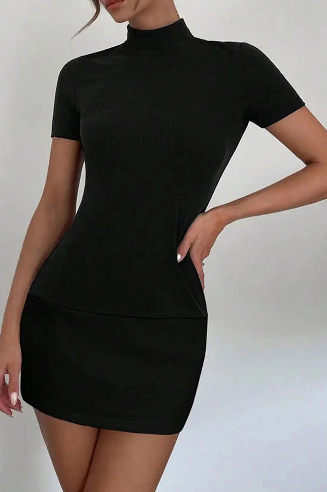 Glorol - Short Sleeve High Waist Patchwork Bodycon Mini Dress