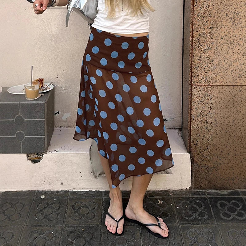 Glorol - High Waist Irregular Polka Dot Mesh Skirt