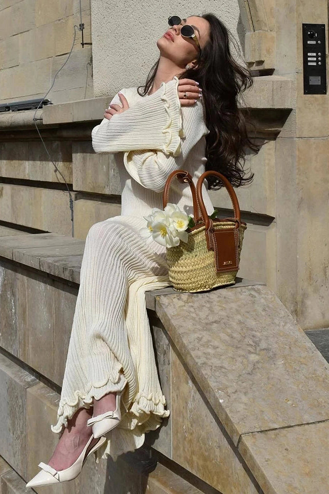 Glorol - Elegant Pleated Knit Lace-Up Long Sleeve Loose Maxi Dress