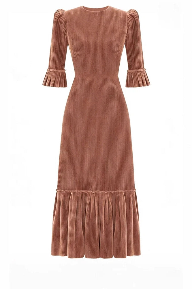 Glorol - Elegant Half Sleeve Pleated High Waist Slim Maxi Dress