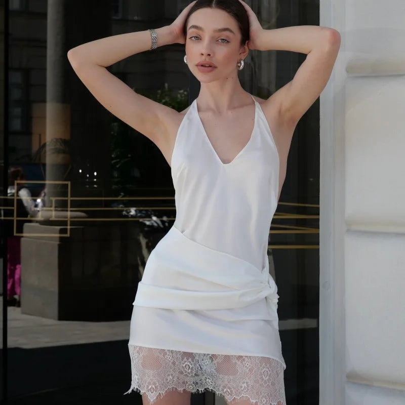 Glorol - Lace Patchwork V-Neck Bodycon Mini Dress