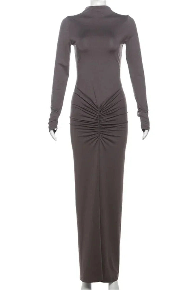 Glorol - Pleated Patchwork High Waist Long Sleeve Slim Maxi Dress