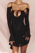Glorol - Hollow Out Spaghetti Strap Long Sleeve Backless Mini Dress