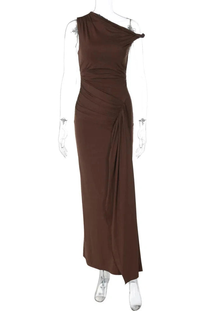 Glorol - One Shoulder Slim Sleeveless Patchwork Pleated Maxi Dress