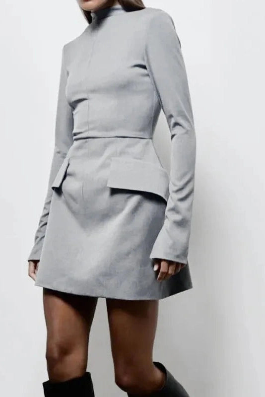 Glorol - Elegant Slim Two Pocket Long Sleeve A-Line Mini Dress