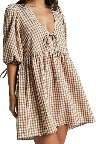 Glorol - Short Sleeve V Neck Plaid Mini Dress