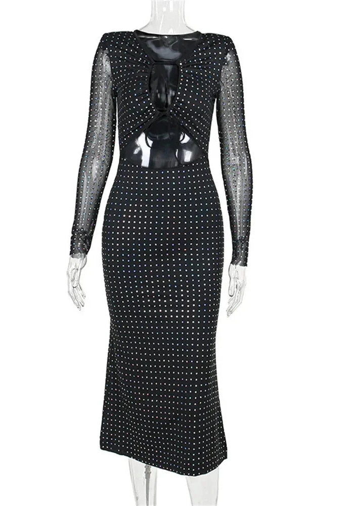 Glorol - Hollow Out Lace-Up High Waist Patchwork Midi Dress