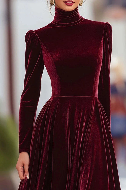 Glorol - Elegant High Collar Long Sleeve Slim Pleated Maxi Dress