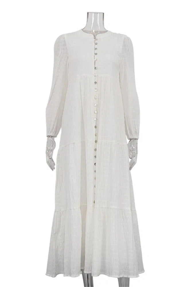 Glorol - Long Sleeve Patchwork Loose V-Neck Maxi Dress