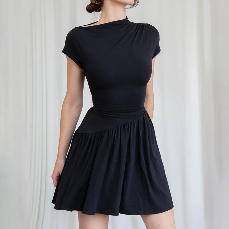 Glorol - Lace Up Patchwork Elegant Round Neck Mini Dress