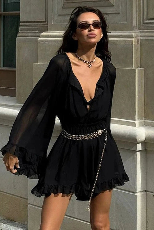 Glorol - See-Through Long Sleeve Square Collar High Waist Pleated A-Line Mini Dress