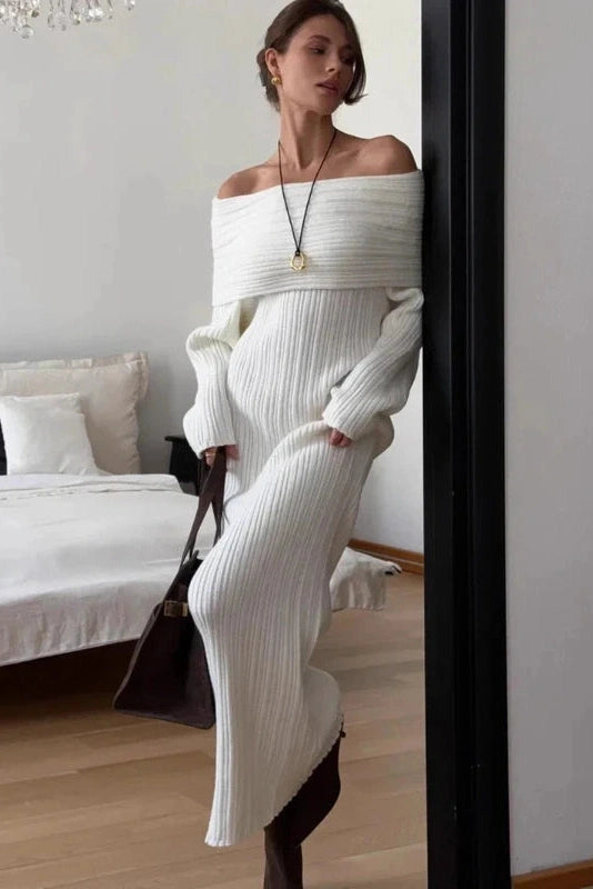 Glorol - Knitted Off-Shoulder Long-Sleeved Slim High Waist Backless Maxi Dress