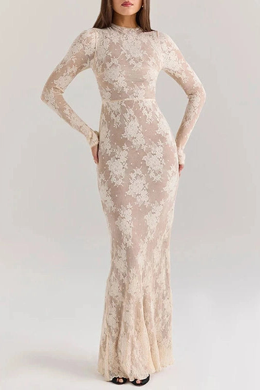 Glorol - Hollow Out O-Neck Pleated Printed Lace Long Sleeve Slim Maxi Dress