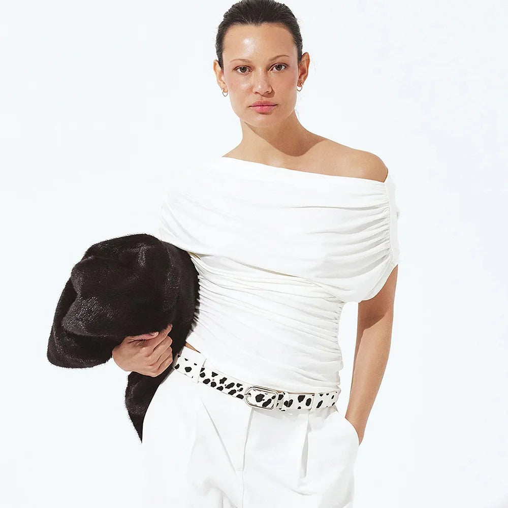 Glorol - One-Shoulder Pleated Short-Sleeve Top