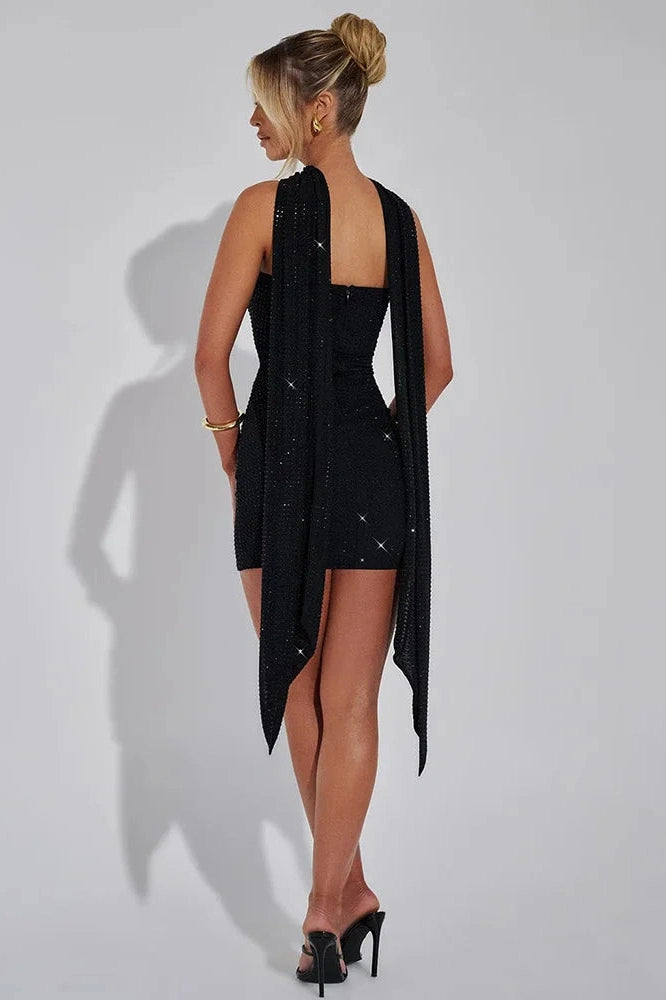 Glorol - Elegant Sparkle Scarf Collar Strapless Backless Mini Dress