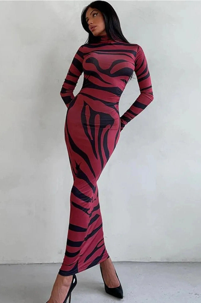 Glorol - Printed Long Sleeve High Waist Maxi Dress