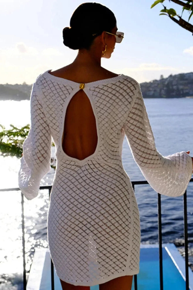 Glorol - Backless Long Sleeve Knit See Through Mini Dress