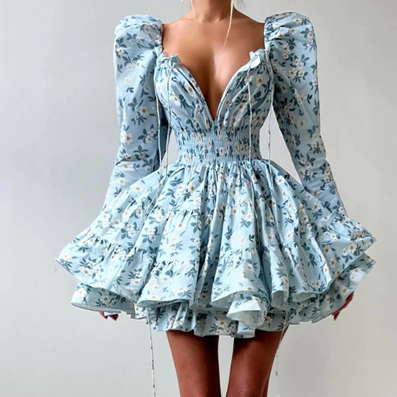 Glorol - Printed Lace Up V-Neck Long Sleeve Elegant A-Line Mini Dress