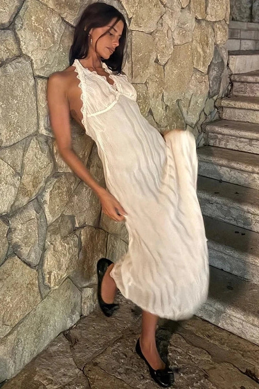 Glorol - Deep V-Neck Lace Sleeveless Backless Midi Dress