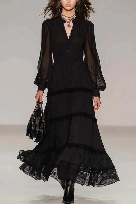 Glorol - Pleated V-Neck Long Sleeve High Waist Maxi Dress