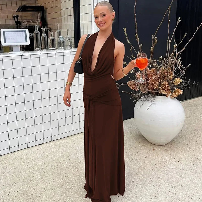 Glorol - Halter Neck V-Neck Backless Sleeveless Maxi Dress