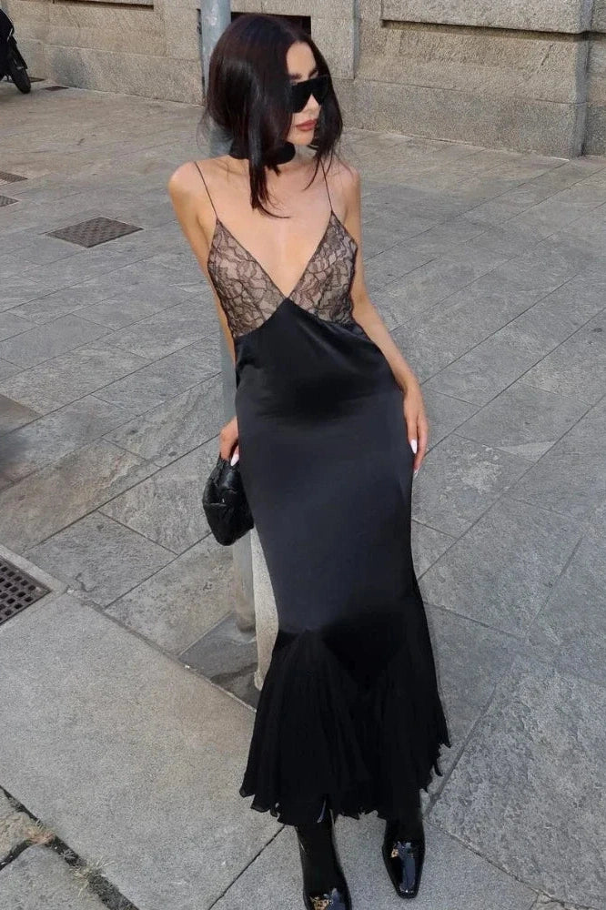 Glorol - Lace Deep V Neck Mesh Slim Maxi Dress