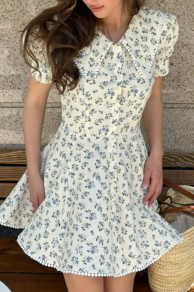 Glorol - Elegant Floral Short-Sleeved Slim Single-Breasted Mini Dress