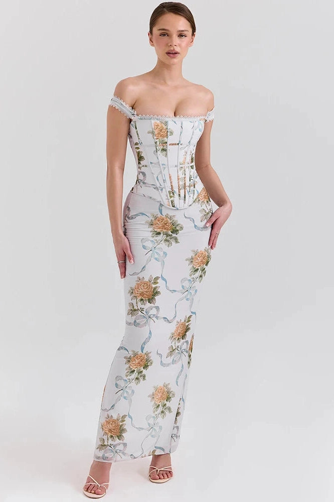Glorol - Printed Off-Shoulder Sleeveless Backless Bodycon Maxi Dress