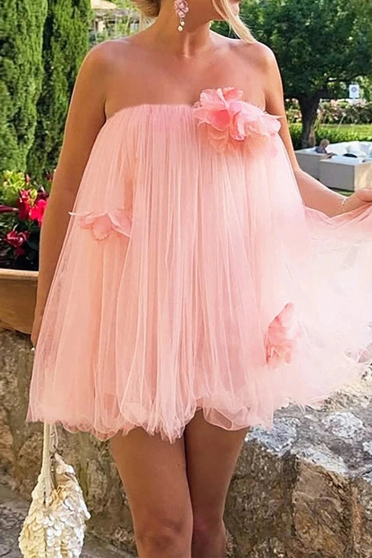 Glorol - Off-Shoulder Strapless High Waist Pleated Mini Dress