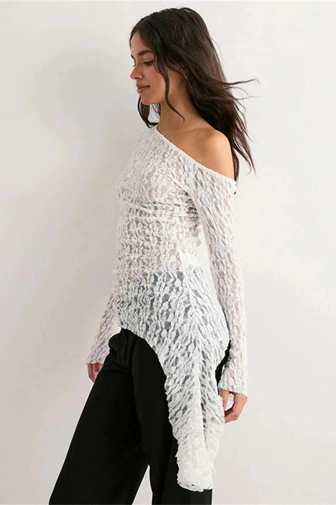 Glorol - Lace See-Through One-Shoulder Printed Top
