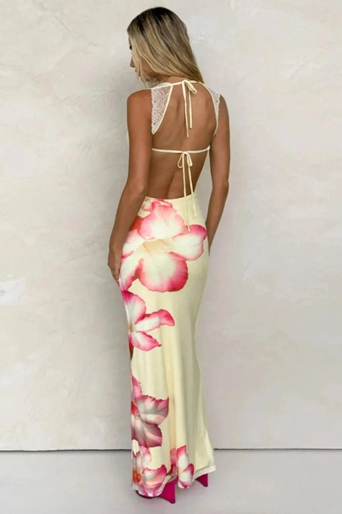 Glorol - Lace Printed Square Collar Sleeveless Lace-Up Bodycon Maxi Dress