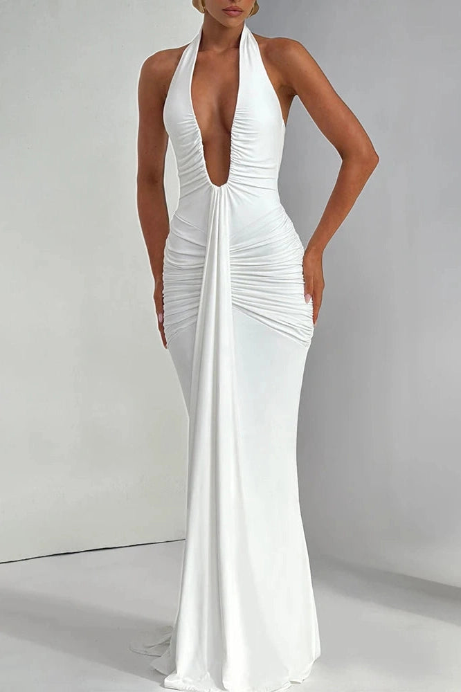 Glorol - Deep V Neck Sleeveless Backless Maxi Dress