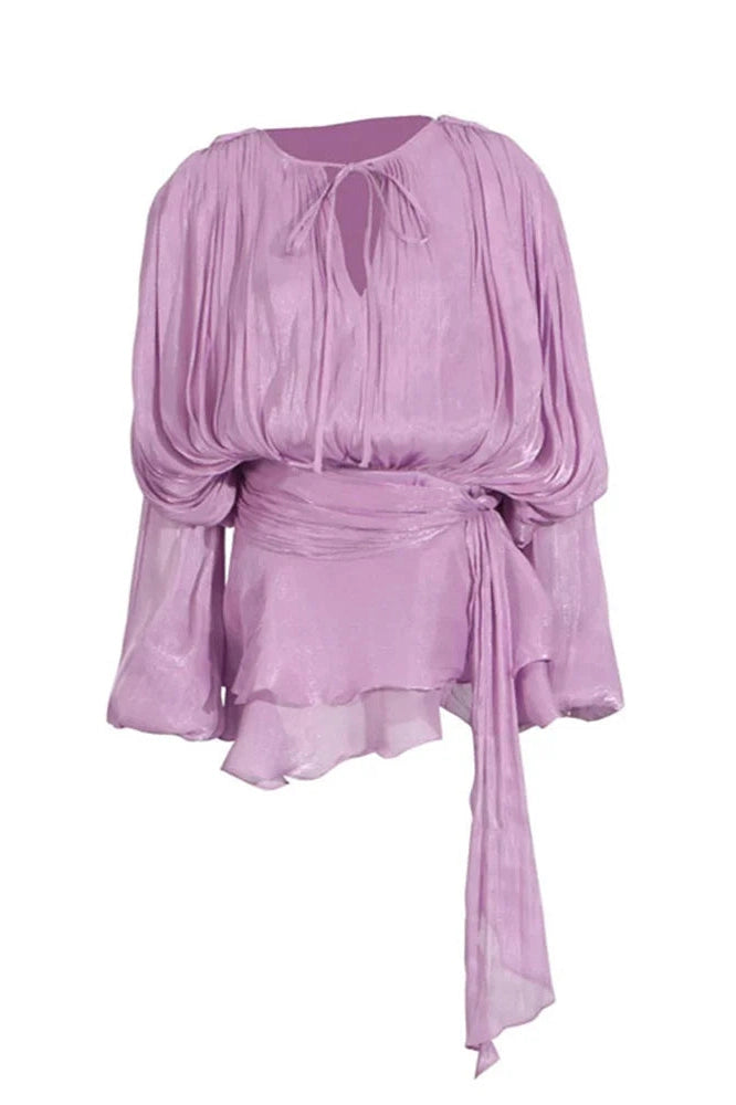 Glorol - Elegant Pleated Long Sleeve High Waist Mini Dress