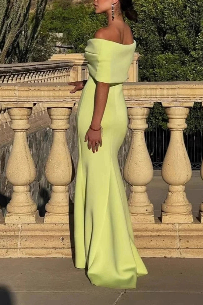 Glorol - High Waist Off-Shoulder Slim Pleated Maxi Dress