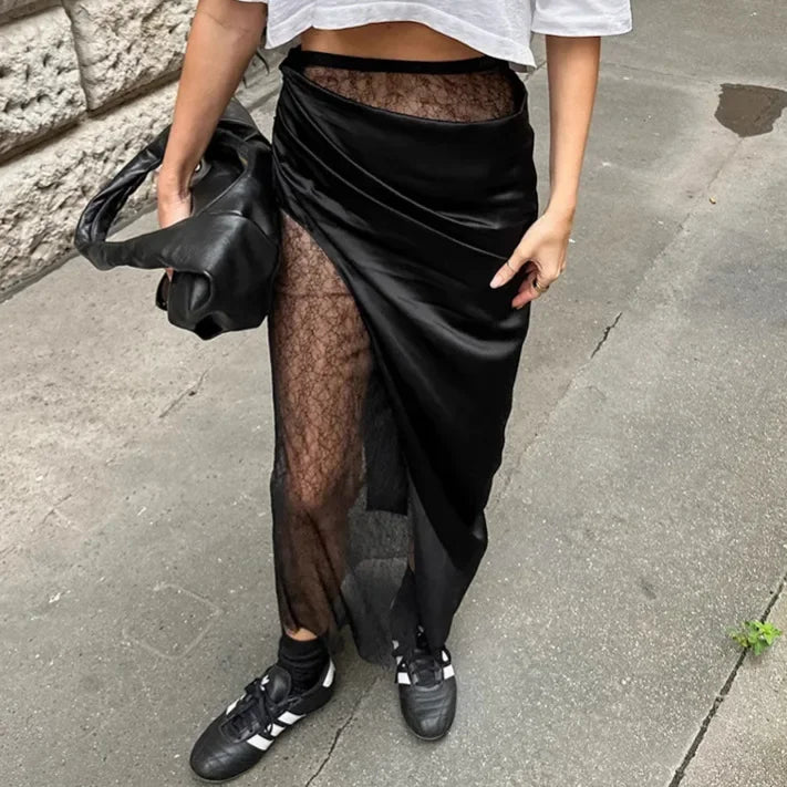 Glorol - Lace Splice See Through High Waist Skirt