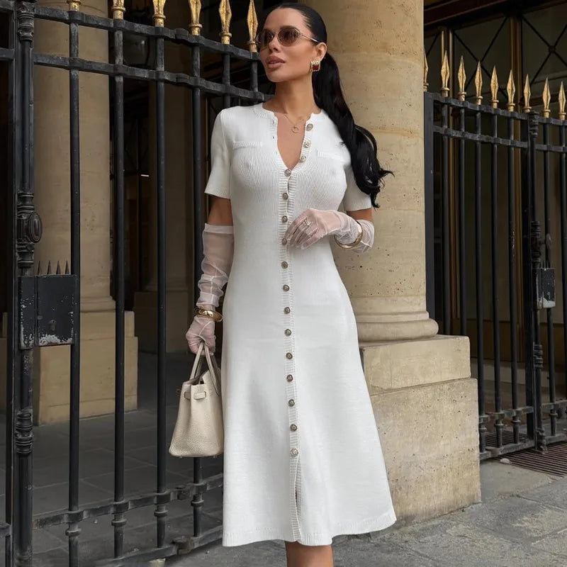 Glorol - Elegant Single Breasted Patchwork Midi Dress