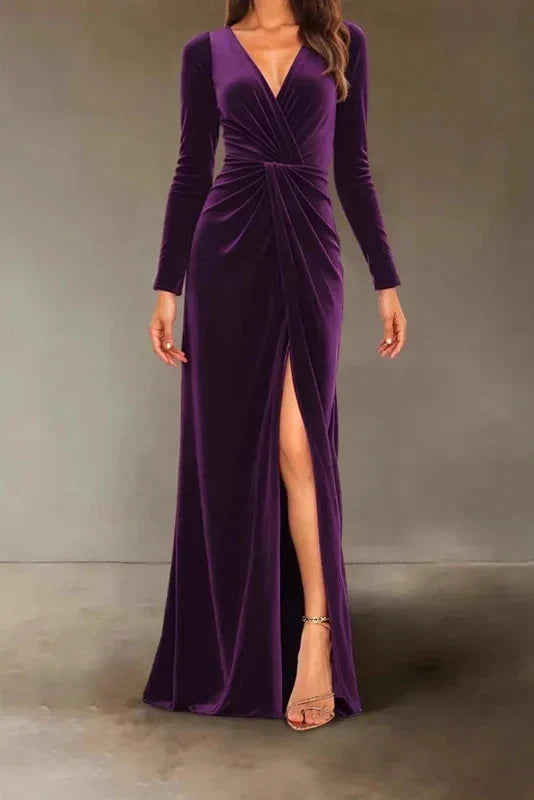V-Neck Slim High Waist Pleated A-Line Maxi Dress